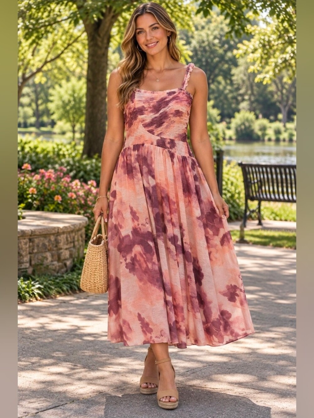 Free People Pink & Mauve Tie-Dye Sleeveless Midi Dress fully lined